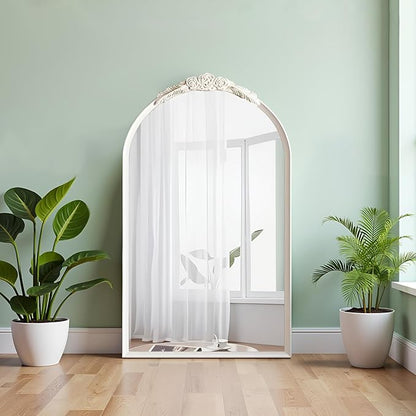 ZIYOO Vintage Arched Floor Or Wall Mirror Distressed White Carved Wood with Floral Carved Top, French Country Style Decorative Mirror for Wall Decor Bedroom, Living Room, Entryway, White, 51" x 30"