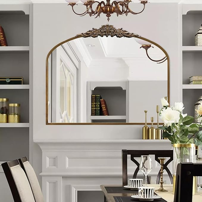 36''x29'' Antique Gold Arched Wall Mirror with Metal Flower Carving Frame, Small Vintage Retro Baroque Mirror Ornate, Vanity Mirror for Bathroom, Fireplace,Entryway, Living Room (Vintage Gold,)