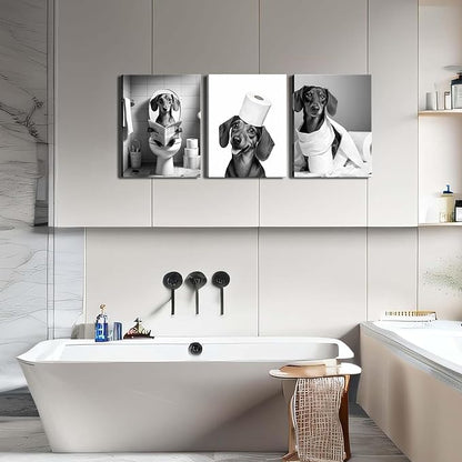 Funny Dachshund Dog Wall Art Set of 3, Dachshund Bathroom Wall Decor Paintings, Black and White Dog Pictures Animal Canvas Posters Prints for Bathroom Restroom Home Decor Framed 16x24 Inch