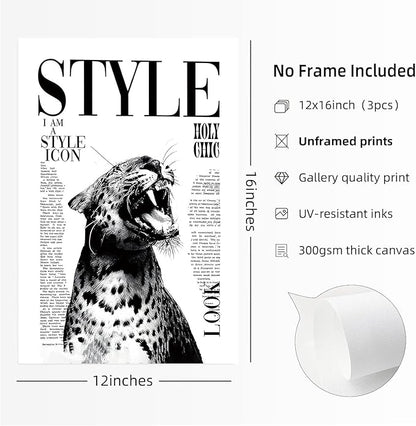 3Pcs Trendy Black and White Leopard Canvas Wall Art Vintage Newspeper Cheetah Wall Decor Fashion Girl Poster Heels Lips Picture Luxury Feminist Painting Print Poster Artwork for Apartment Dorm 12x16in Unframe