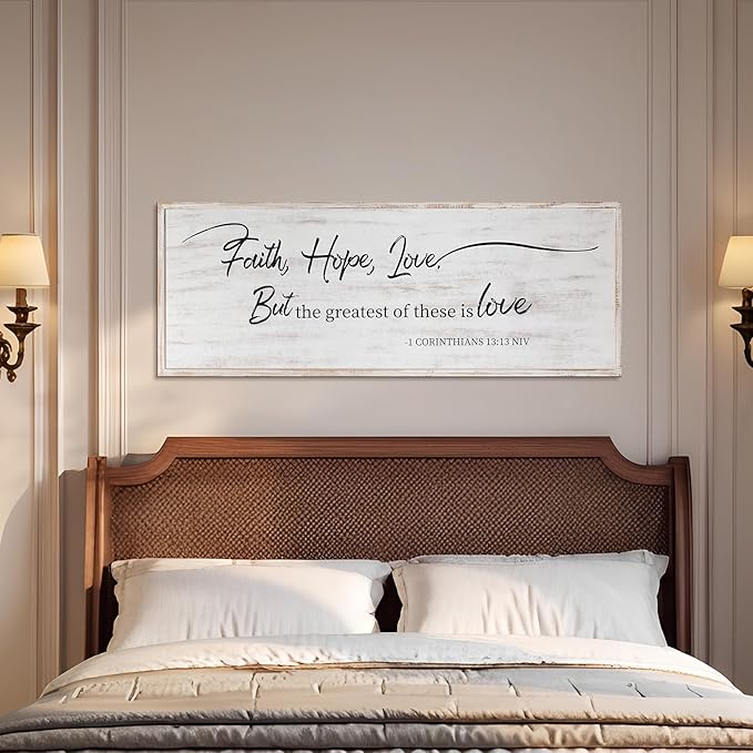 Faith Hope and Love Bible Verses Framed Wall Sign For Family Living Room Kitchen Farmhouse Dining Room Vintage Boho Wall Art Decoration For Living Room Bedroom, 40 x 15 Inch, White