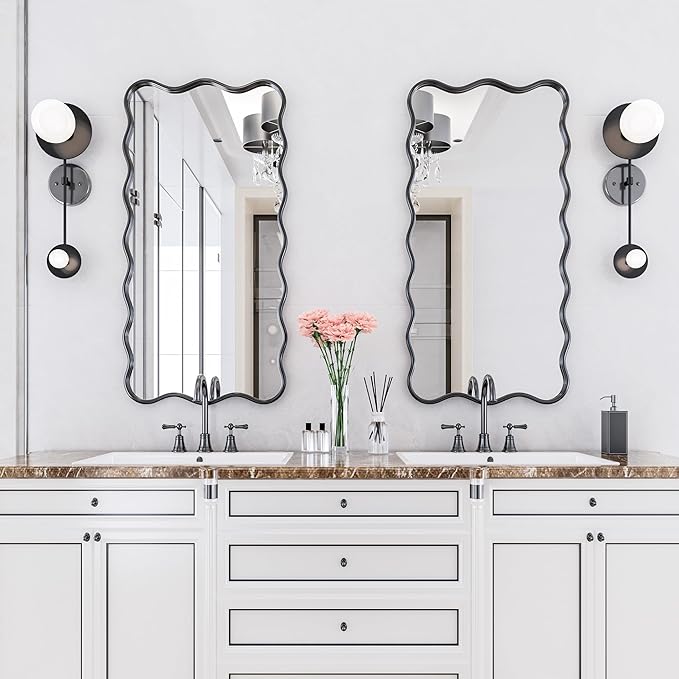 PROHOMEWARE 24 * 48" Black Bathroom Mirror for Wall,Wavy Rectangular Mirror,Vanity Mirror,Bathroom Mirrors for Wall-Mounted Metal Frame Mirror for Bedroom Entryway Living Room Farmhouse (Black)