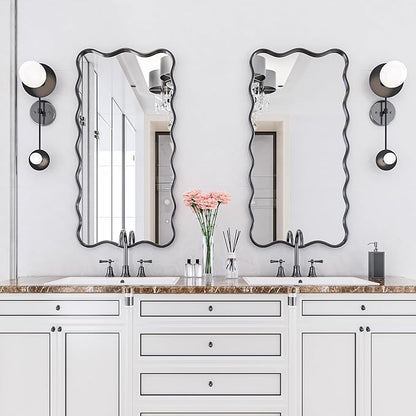 PROHOMEWARE 24 * 48" Black Bathroom Mirror for Wall,Wavy Rectangular Mirror,Vanity Mirror,Bathroom Mirrors for Wall-Mounted Metal Frame Mirror for Bedroom Entryway Living Room Farmhouse (Black)