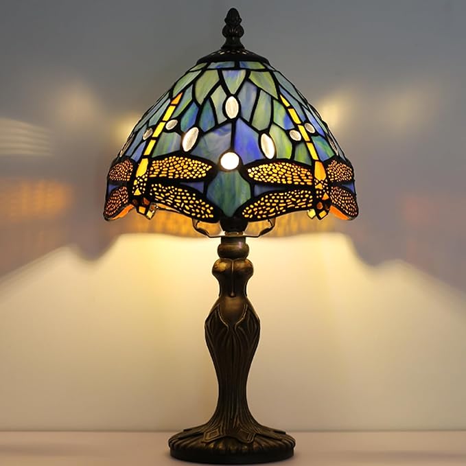 Tiffany Style Lamp Stained Glass Table Lamp 8 x 14.5 Mini Accent Light Blue Dragonfly Design Small Decorative Bedside Reading Memory Lamp