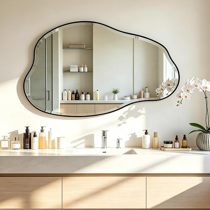 POZINO Irregular Beveled Mirror, 42"x28" Asymmetrical Bathroom Vanity Mirror with Metal Frame, Cloud Shaped Wall Mirrors for Living Room Bedroom Hallway Entryway, Horizontal or Vertical Hanging