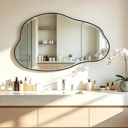 POZINO Irregular Beveled Mirror, 42"x28" Asymmetrical Bathroom Vanity Mirror with Metal Frame, Cloud Shaped Wall Mirrors for Living Room Bedroom Hallway Entryway, Horizontal or Vertical Hanging