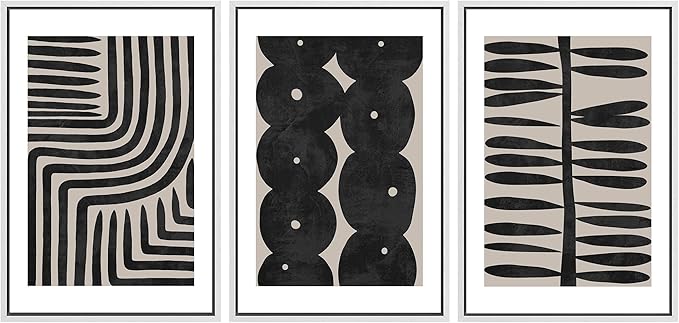 SIGNLEADER Framed Canvas Print Wall Art Set Geometric Black Paint Stroke Patterns Abstract Shapes Illustrations Modern Art Decorative Contemporary for Living Room, Bedroom, Office - 16"x24"x3 WHITE