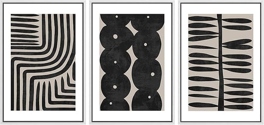 SIGNLEADER Framed Canvas Print Wall Art Set Geometric Black Paint Stroke Patterns Abstract Shapes Illustrations Modern Art Decorative Contemporary for Living Room, Bedroom, Office - 24"x36"x3 WHITE