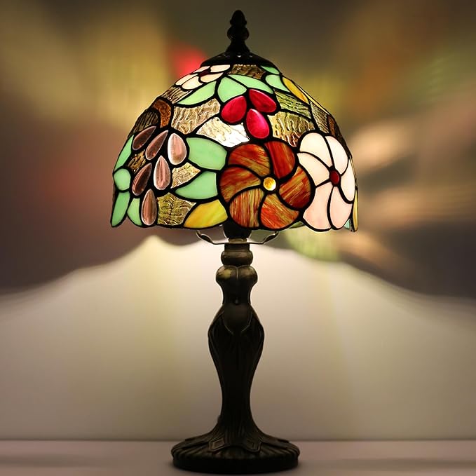 Tiffany Style Lamp Stained Glass Table Lamp 8 x 14.5 Mini Accent Light Grape Design Small Decorative Bedside Reading Memory Lamp