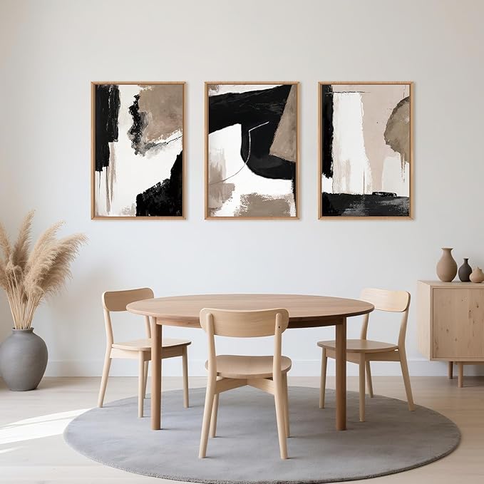 Large Modern Abstract Framed Canvas Wall Art Set, Neutral Black and Beige Color Block Wall Decor,Minimalist Pastel Tan Art Printing for Living Room,Bedroom,Office-24 x36 x3