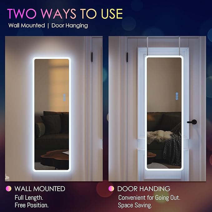 LVSOMT 47" x 16" Full Length Mirror with Lights, RGB LED Over the Door Mirrors, Wall Mirror Full Length, Door Hanging Mirror for Bedroom Living Room Cloakroom