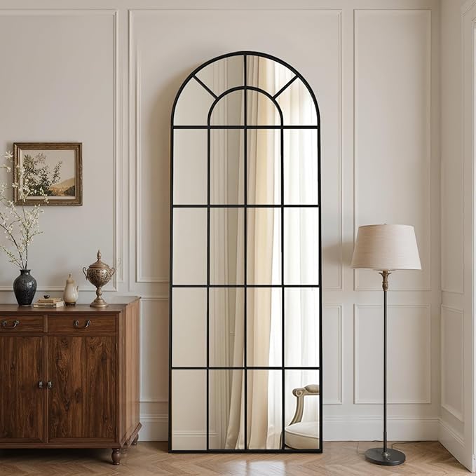 Anpark Arched Windowpane Mirror Full Length 65"x24" Wall Mounted Black Art Pane Farmhouse Decorative Floor Mirror Leaning Hanging Wall Mirror for Bedroom Living Room Entrance