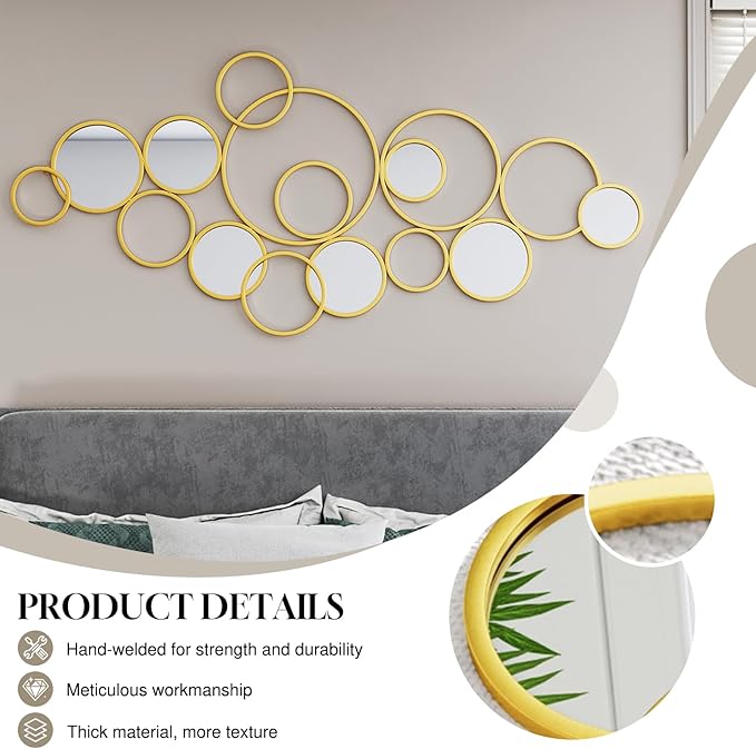 PERHOM Multiple Circles Wall Mirror - 58"x27" Large Gold Modern Decorative Mirror for Home Decor - Thick Metal Framed Split Wall Art Sculptures for Living Room, Entryway, Bedroom, Dinner Room