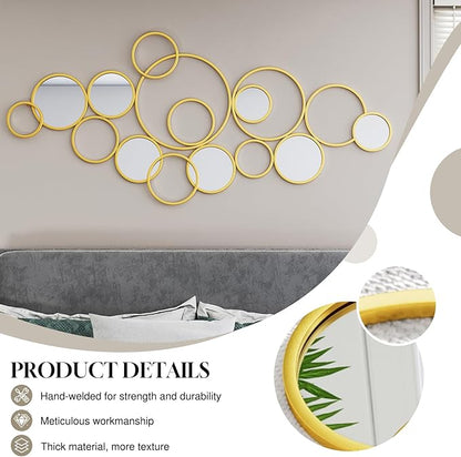 PERHOM Multiple Circles Wall Mirror - 58"x27" Large Gold Modern Decorative Mirror for Home Decor - Thick Metal Framed Split Wall Art Sculptures for Living Room, Entryway, Bedroom, Dinner Room