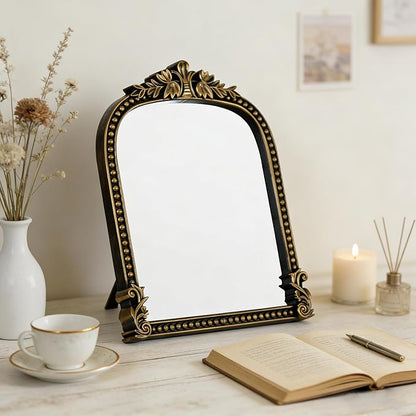Vintage Gold Plastic Arched Makeup Mirror, Standing, Hanging or Wall Mount, Bathroom, Living Room, Bedroom Decorative Mirror (Bronze-10.6x8.6 inch)