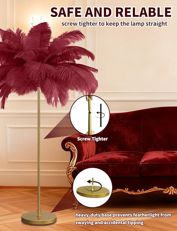 Feather Floor Lamp,Fluffy Ostrich Feather Floor Lamp for Bedroom,3 Color Temperatures Led Corner Modern Floor Lamps for Living Room Christmas Home Decor House Warming Gifts,63″ Height (Wine Red)