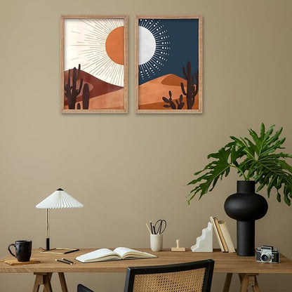 SRSZHIYUE Desert Cactus Landscape Day and Night Wall Art 16x11 Inch 2 Pieces Boho Abstract Wall Decor for Living Room Wooden Framed Hanging (Wood)
