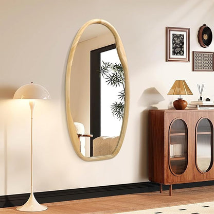 JJUUYOU Irregular Wood Frame Wall Mirror Asymmetrical Mirrors for Wall 40"X20" Decorative Wooden Hanging Mirror for Bathroom Bedroom Living Room Cloakroom Entryway Wood
