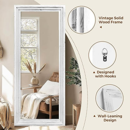 Full Length Wood Mirror 71x30 - Rustic Solid Wood Floor Mirror with Triple Layer Frame, HD Tempered Glass, Wall Mounted or Leaning Standing Mirror Vintage White Mirror for Bedroom Bathroom Living Room