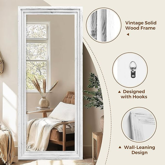 Full Length Wood Mirror 71x30 - Rustic Solid Wood Floor Mirror with Triple Layer Frame, HD Tempered Glass, Wall Mounted or Leaning Standing Mirror Vintage White Mirror for Bedroom Bathroom Living Room
