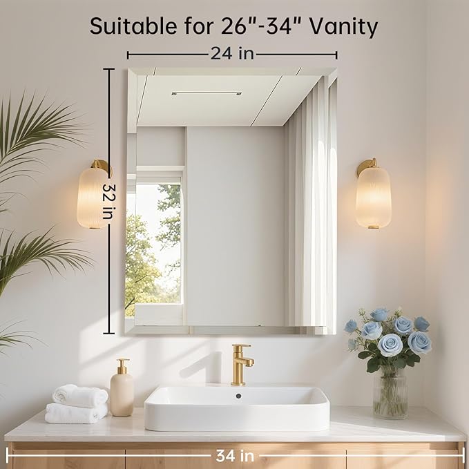 24x32 Inch Rectangle Frameless Mirror, Beveled Bathroom Mirror, Frameless Wall Mirror with 1" Beveled Edge for Bathroom Vanity, Entryway, Living Room