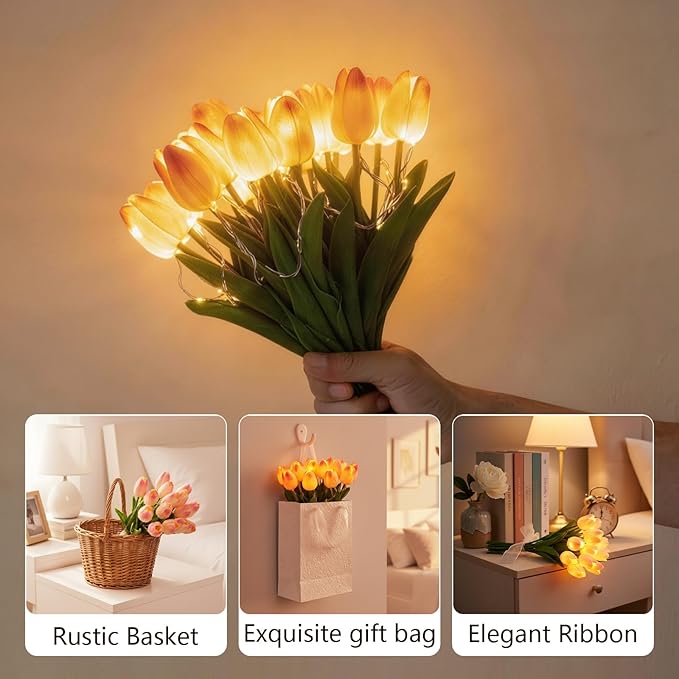 Radiant Romantic Tulip Light with a Vase, 15 PCS Twinkling Tree Tulips Led Night Light that Never Fade, Flower Shaped Ambient Night Lamp for Bedroom Bedside Decor & Gift (Pink(with Vase))