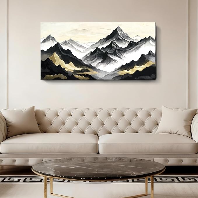 Large Black White And Gold Natural Landscape Wall Art For Living Rooms; Modern Abstract Canvas Prints Artwork For Walls; Chinese-Style Mountain Pictures For Bedrooms, Hallways, And Offices. 48X24 Inches.