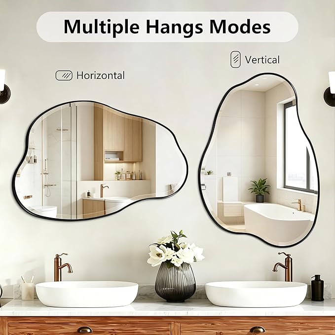 POZINO Irregular Beveled Mirror, 36"x24" Cloud Shaped Bathroom Mirrors with Metal Frame, Asymmetrical Wall Mirror for Vanity Living Room Bedroom Hallway Entryway, Horizontal or Vertical Hanging
