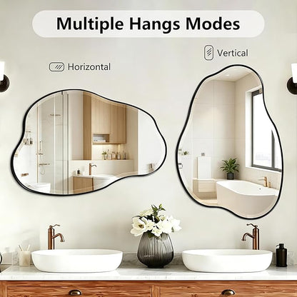 POZINO Irregular Beveled Mirror, 36"x24" Cloud Shaped Bathroom Mirrors with Metal Frame, Asymmetrical Wall Mirror for Vanity Living Room Bedroom Hallway Entryway, Horizontal or Vertical Hanging