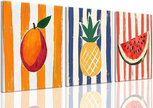 LHHJDIO 3 Piece Trendy Fruit Canvas Wall Art Vintage Kitchen Wall Art Colorful Mango Pineapple Watermelon Pictures Wall Decor Fruit Abstract Art Print for Kitchen Dining Room Living Room 16"x24"