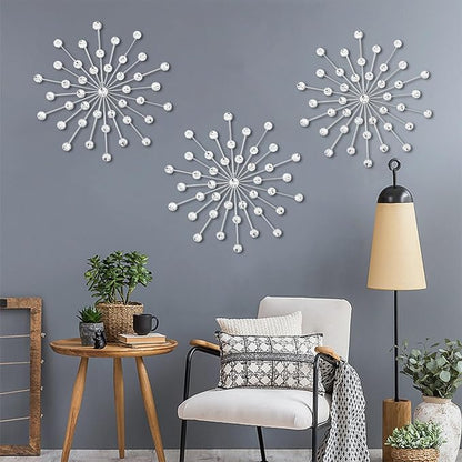 DXYAKY Set of 3 Modern Starburst Wall Decor, Metal Wall Sculpture with Crystal Accents, Silver 3D Wall Art for Living Room, Bedroom & Home, Elegant Hanging Wall Decoration