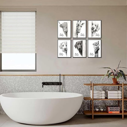 Funny Bathroom Wall Art Black and White Bathroom Posters Decor Rustic Donkey and Cow Pictures Wall Decor Funny Animal Peeking Canvas Art Prints for Toilet/Bedroom Unframed 8x10 inches x 6 pieces