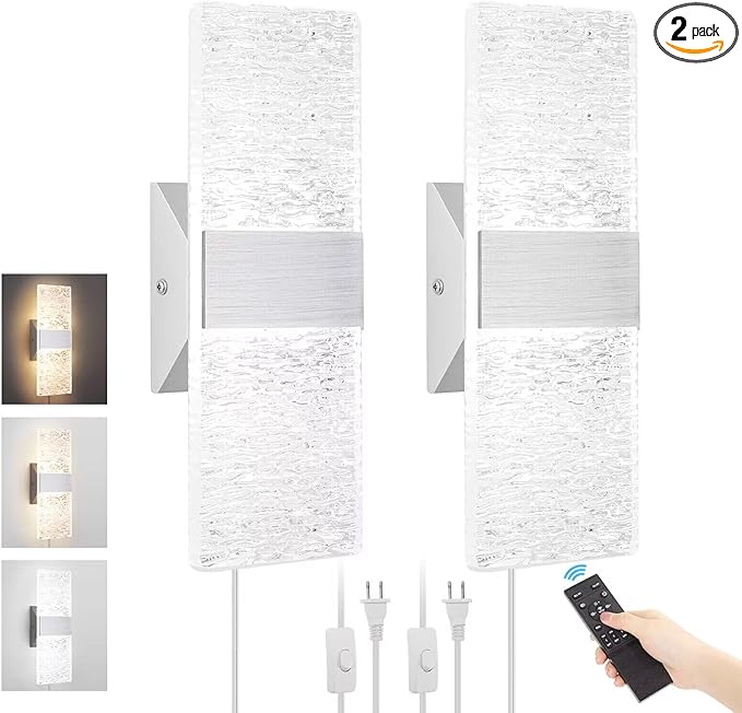 GOODATE Plug in Wall Sconces with Adjustable 3000K-6500K Colors & 10%-100% Brightness, Sconces Wall Decor Set of 2 with Remote Control, 12W Acrylic LED Plug in Wall Light (2 Pack, Corrugated Finish)