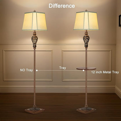 65" High Vintage Floor Lamp with Night Light and Metal Tray, Farmhouse Standing Lamp with Beige Faux Silk Shade, Retro Rustic Tall Lamp Decor for Living Room, Bedroom, Bedside, Corner (Bulb Included)