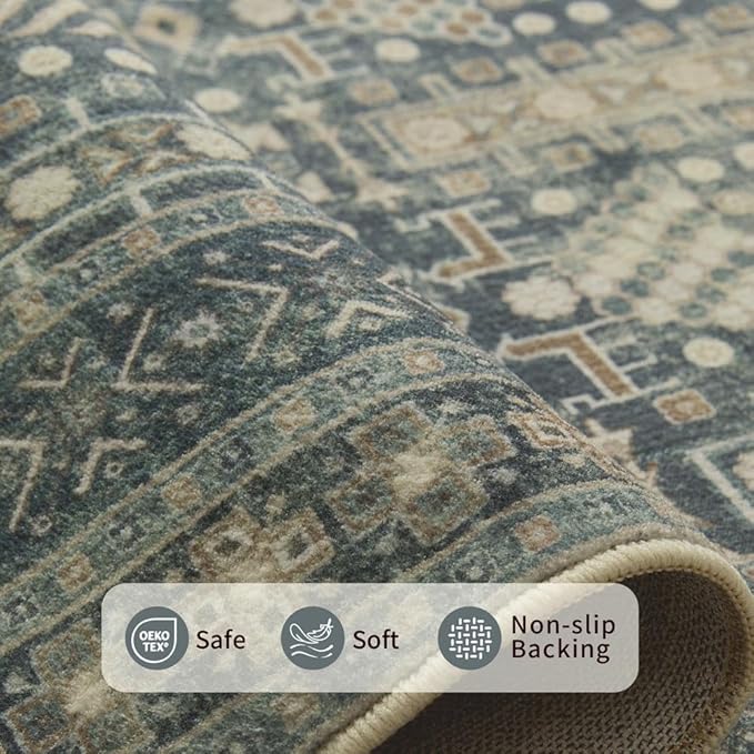 Rugxara 5x7 Washable Area Rugs for Bedroom & Living Room - Floral Boho Vintage Rug,Soft & Non-Slip,Low Pile Wool Carpet for Indoor Dining Room,Girls Room,Nursery Room and Kids Room(Ivory Blue)
