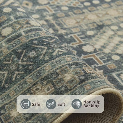 Rugxara 10x14 Washable Area Rugs for Living Room - Large Rugs,Floral Boho Vintage Rug,Soft & Non-Slip,Low Pile Wool Carpet for Indoor Dining Room,Bedroom,Girls Room(Ivory Blue)