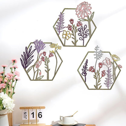 Peryiter 3 Pcs Metal Flower Wall Decor Minimalist Floral Wall Hanging Decor Metal Flower Rustic Floral Art for Spring Living Room Bathroom Kitchen Indoor Outdoor(Colorful)