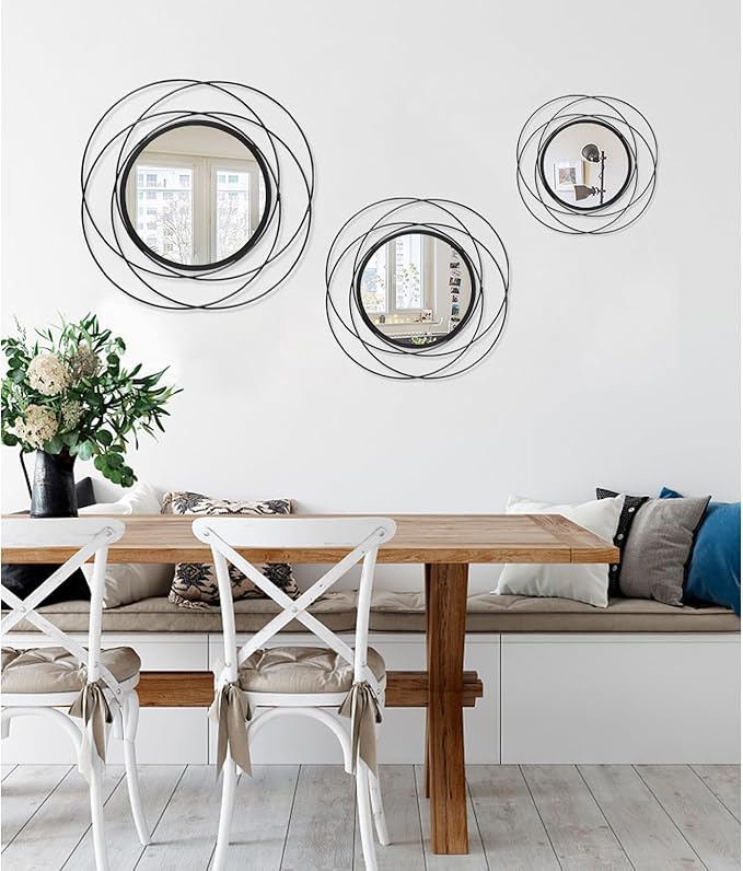 Wall Mirror Mounted Black Small Round Decorative Mirrors, Circle Metal Art Mirror Home for Bathroom Vanity, Living Room or Bedroom 12” x 12”