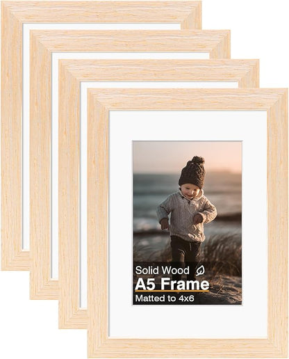 KINLINK A5 Picture Frame, White Oak Solid Wood Frames with Acrylic Plexiglass for Pictures 4x6 with Mat or A5 without Mat, Tabletop and Wall Mounting Display 4 Pack