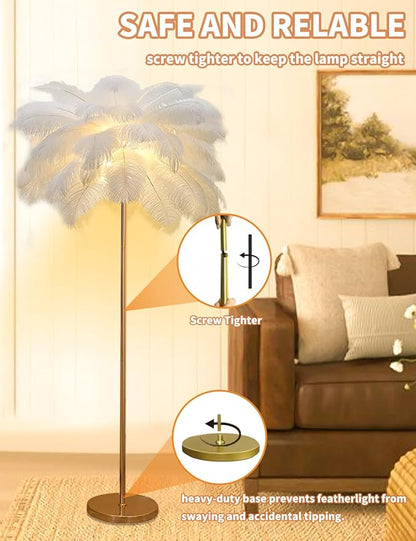 Feather Floor Lamp,Fluffy Ostrich Feather Floor Lamp for Bedroom,3 Color Temperatures Led Corner Modern Floor Lamps for Living Room Christmas Home Decor House Warming Gifts,63″ Height (White)