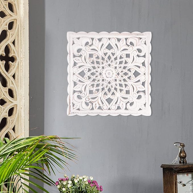 HOTBEST Wooden Wall Decor Floral Hollow Carved Wall Panel Hanging Decor Rustic Wall Art Sculpture Home Wall Ornament for Hallway Bedroom Living Room Cafe Office ...(Square 30 * 30cm)