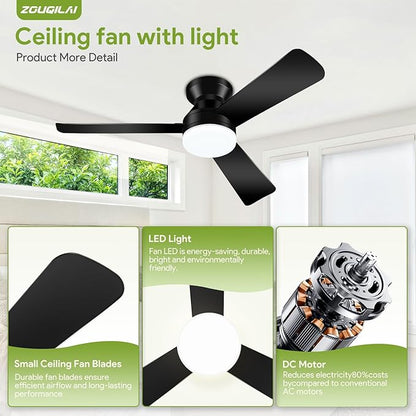 2 Pack 42" Black Ceiling Fans with Lights and Remote, Low Profile Ceiling Fan with Light, Reversible DC Motors, 3CCT Dimmable Timer Noiseless, Flush Mount Ceiling Fan for Bedroom/Living Room