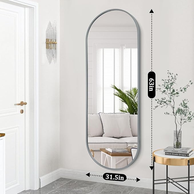 JJUUYOU Oval Full Length Bathroom Mirror 63"X32" Wall Mounted Vanity Metal Frame Mirror Aluminum Alloy Frame Mirrors for Bedroom Entryway Living Room,Grey