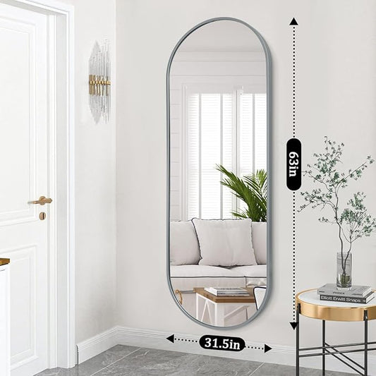 JJUUYOU Oval Full Length Bathroom Mirror 63"X32" Wall Mounted Vanity Metal Frame Mirror Aluminum Alloy Frame Mirrors for Bedroom Entryway Living Room,Grey