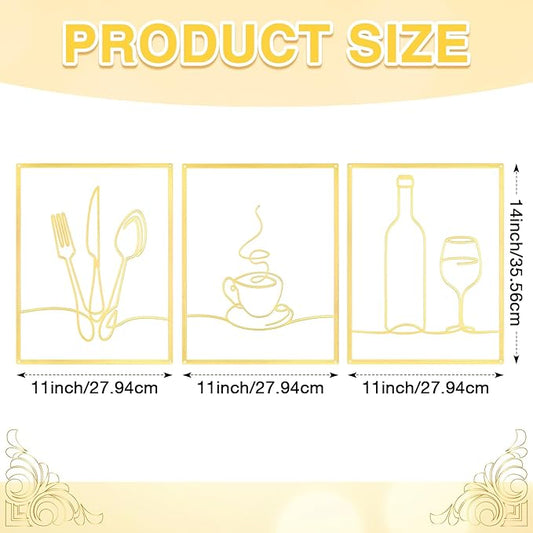 Otoolling 3 Pieces Metal Minimalist Line Kitchen Signs Wall Decor Drawing Rustic Kitchen Wall Art for Dining Living Room Home, 14 x 11 Inches(Dining Room,Gold)