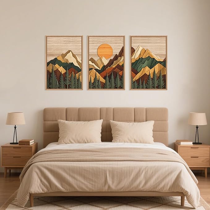 Celestdeco Large Woodcut Style Mountain Framed Canvas Wall Art Set, Woodsy Rustic Ridge Wall Decor, Boho Pine Tree Forest Wall Painting, Abstract Sunrise Wooden Art Print for Living Room, Bedroom, Office - 24"X36"X3(Not-3D Effect)