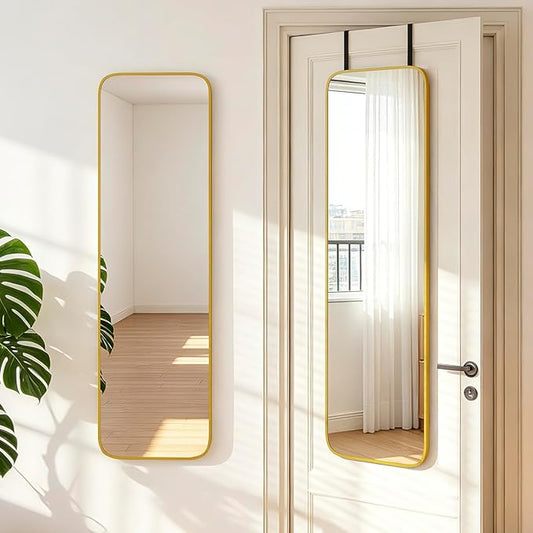 NARCISSUS 47x14 Mirror Door Hanging Full Length,Over Door or Wall Mounted Aluminum Alloy Frame Tempered Glass Rectangle Full Body Mirrors for Bedroom Dressing Living Room Bathroom 47 inch Gold