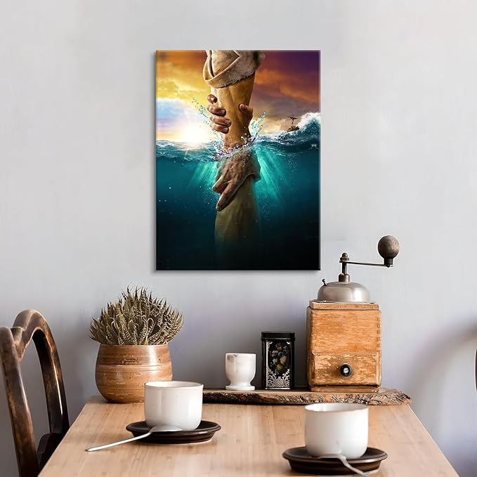 Jesus Christ Canvas Wall Art The Hand of God Jesus Reaching Into Water Christian Painting Prints Biblical Wall Decor Religious Room Decor for Church Living Prayer Bedroom Room Hospitals 12x16In canvas