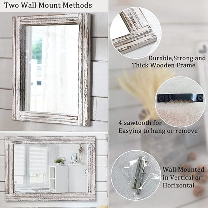 AAZZKANG Large Wall Mirrors with Rustic Wood Framed 28"x20" Rectangle Decorative Hanging Mirror for Farmhouse Bedroom Bathroom Living Room Entryway