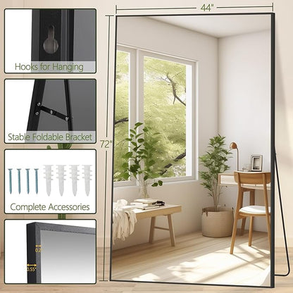 MELOMOIR 44"x72" Oversized Floor Mirror, Freestanding, Large Full Body Mirror for Bedroom, Living Room & Gym - Black Mirror with Tempered Glass